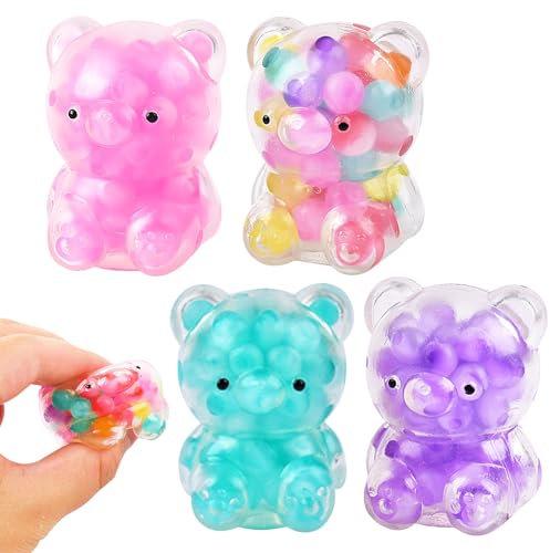 4 Stück Stressbälle, Transparenter Bär mit Wasser Perle, Antistressbälle, Weicher Knautschball Spielzeug, Quetschspielzeug, Spielzeug für Kinder und Erwachsene, Party Favors Goodie Bag Stuffers (A)