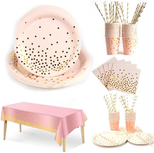 BERRYLION 25 Guests Party Supplies, 126 Pieces Disposable Party Tableware Plates Cups Napkins Straws Table Cloth Dinnerware set for Weddings, Birthday Parties, Graduations (Pink)