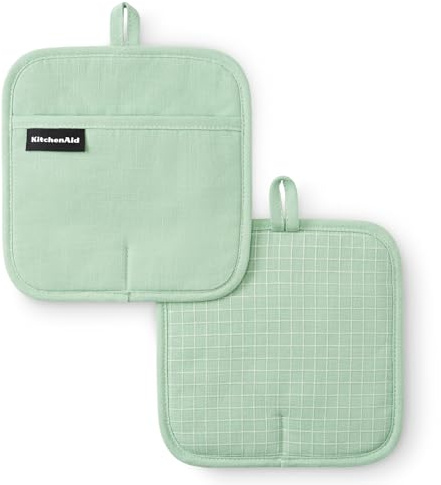 KITCHENAID Gourmet Series Gridlines Pot Holders 2-Pack Set, Heat Resistant up to 600°F, Soft Silicone Grip, Magnetic Cuff, Pistachio Green, 8x8