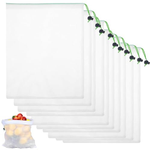 10 PCS Reusable Mesh Produce Storage Bags – Eco-Friendly, Washable Fruit & Vegetable Bags for Grocery Shopping