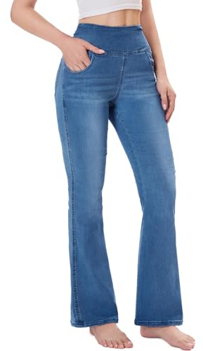 Chasehot Jean Femme Taille Elastique, Jeggings Taille Haute Bootcut avec Poches Flared Mode Slim Pantalon Denim Leggings Évasé Jambe Large Stretch,Lavage moyen-L-29