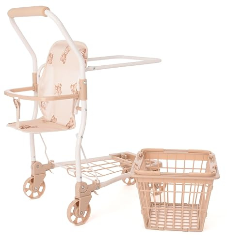 Carrello per la spesa Roma per bambole per bambini - 67 cm, carrello per la spesa per il gioco di ruolo con cestino rimovibile, sedile per bambola o orsacchiotto, telaio in metallo leggero, ruote