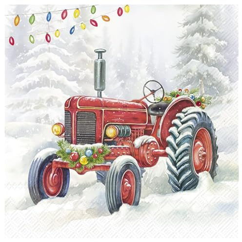 IHR - L 1092700 - Lunch Servietten, Papier, 20 Stück, Weihnachten, Traktor, 33cm x 33cm, 3 Lagig