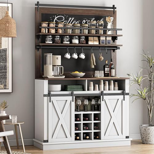 Tall Kitchen Cupboard, 112 x 42 x 191 cm Coffee Bar Sideboard Storage Cabinet with Adjustable Shelves, Removable Wine Rack, Hooks, Sliding Doors & Large Countertop for Pantry Dining Living Room