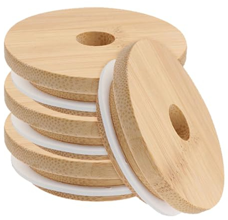 SHOWERORO 4 Stück Holzdeckel für Weckgläser aus Bambus mit Kunststoffdichtung Nachhaltiger Flaschendeckel für Glasgefäß als Küchenzubehör und Aufbewahrung