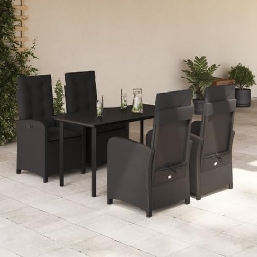 Ziaphsol 5-TLG. Garten-Essgruppe mit Kissen, Schwarz Poly Rattan, verstellbare Stühle, Glastisch, für Terrasse, Balkon, Essbereich