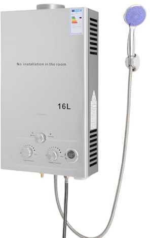LPG - Chauffe-eau instantané - Capacité 8/12/16 l - Eau chaude instantanée avec pommeau de douche et tuyau - Chauffage à gaz mobile pour camping, caravane et jardin - Haute efficacité (≥80,8