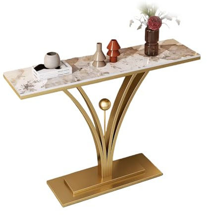 BRCYKRWY Table D'entrée avec Plateau en Marbre, Table De Couloir Très Étroite,D'Entrée Demi-Lune,pour Salon, Entrée Ou Couloir(Gold+Brown,110cm/43.3)