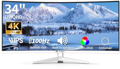 CRUA 34 Display Gaming 100Hz WQHD Bianco - Monitor PC curvo IPS, HDR10, FreeSync, 130% SRGB,21:9 UltraWide, 3800R, Altoparlanti, VESA
