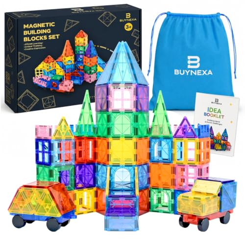 Magnetic Tiles 150 PCS Building Blocks for Kids | STEM Educational Construction Toy Set with Strong Magnets, Car Bases, Windows & Idea Booklet | Creative Learning Toy for Boys & Girls 3+ Years