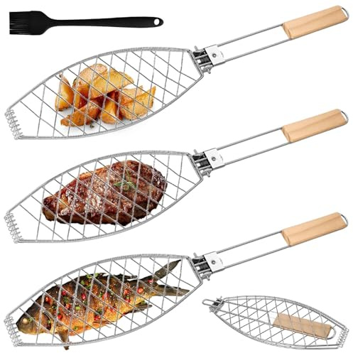 3 stycken fiskgrillhållare BBQ fiskgrilltänger, 63 × 12 cm fiskgrillgaller i rostfritt stål med trähandtag, oljeborste fiskhållare för grillning, stor fiskgrilltång grillkorg grillfisk