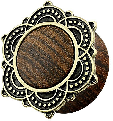 Piersando Ohr Plug Piercing Ear Flesh Tunnel Ohrpiercing Schmuck Ohrplug Vintage Tribal Ethno Lotusblüte Holz Altgold Organic 8mm