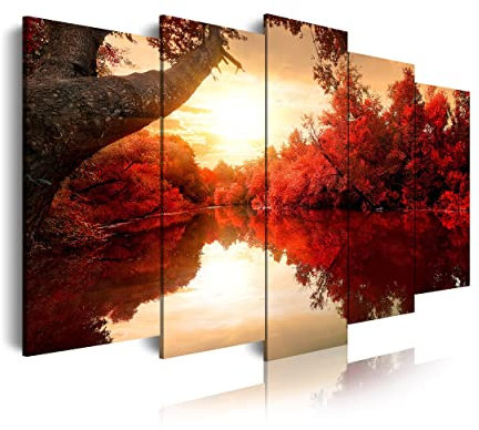 DekoArte 192 - Impression Sur Toile Moderne D'Images Artistiques Numérisées | Toile Décorative Pour Votre Salon Ou Votre Chambre | Style Nature Paysage Eau et Arbres Rouges | 5 Pièces 150 x 80 cm