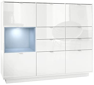 Vladon Highboard Sideboard Metro V2, Made in Germany, Korpus in Weiß Hochglanz/Fronten in Weiß Hochglanz mit Einsatz in Denim matt, inkl. LED Beleuchtung