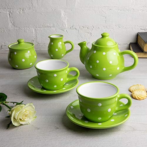 City to Cottage® Lime Green and White Polka Dot Handmade Ceramic Teapot, Milk Jug, Sugar Bowl with 2 Cups and Saucers Tea Set