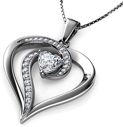 DEPHINI – Collar de corazón – Plata de ley 925 – Elegante colgante de corazón con cristales de circonia cúbica – Collar de joyería fina para mujer – Cadena de plata chapada en rodio