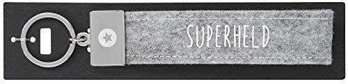 Depesche 4298-055 Schlaufen Schlüsselanhänger aus Filz, mit graviertem Metallabschluss und kultigem Aufdruck, Superheld, grau, Circa 18,7 x 4,4 x 1 cm