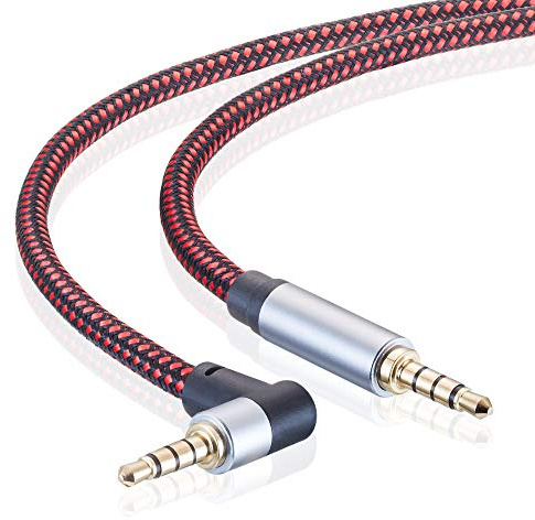 Male to Male 5M, 90 Degree TRRS 3.5mm 4 Pole Nylon Braided Stereo Aux Cable for Headphones, PS4, Phone, Tablets, Headset, PC, Laptop and More