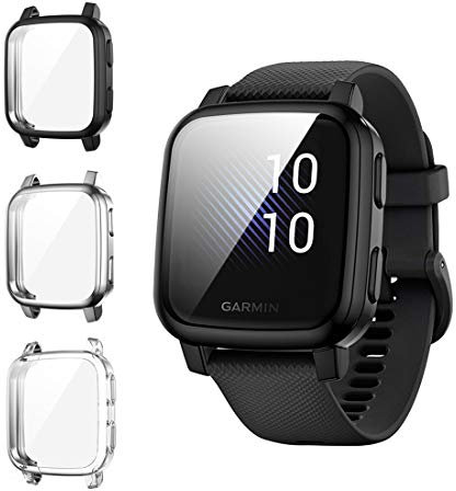 Diruite 3 Pièces Compatible avec Garmin Venu SQ/Venu Sq Music Protecteur D'écran Coque,Flexible en TPU Protection Écran[Anti-Tache] [Anti-Rayures]-Clair+Noir+Argent