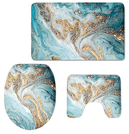 PZZ BEACH Luxury Bathroom Rugs Set of 3, Turquoise Marble Velvet Print Non Slip Bath Rug+ Contour Mat+ Toilet Seat Cover
