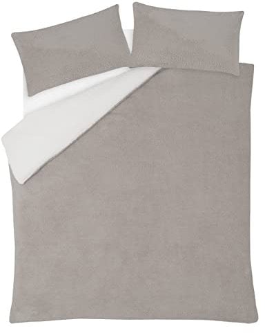Sleepdown Set di biancheria da letto reversibile in pile orsetto, caldo e super morbido, con federe, per letto matrimoniale (200 x 200 cm), colore: panna/visone, poliestere