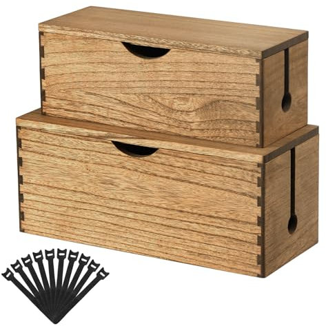 KIRIGEN Kabel-Management-Box aus Holz, Kabel-Organizer, Versteck, Steckdosenleisten, elektrische Stecker, Schreibtischkabel, Station, Schutz, 2 Stück, Dunkelbraun