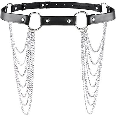 CHIC DIARY Damen Punk Gürtel mit Metallkette Taillengürtel Kette Gothic Hüftgürtel PU Leder Dekorativer Jeansgürtel Schwarz
