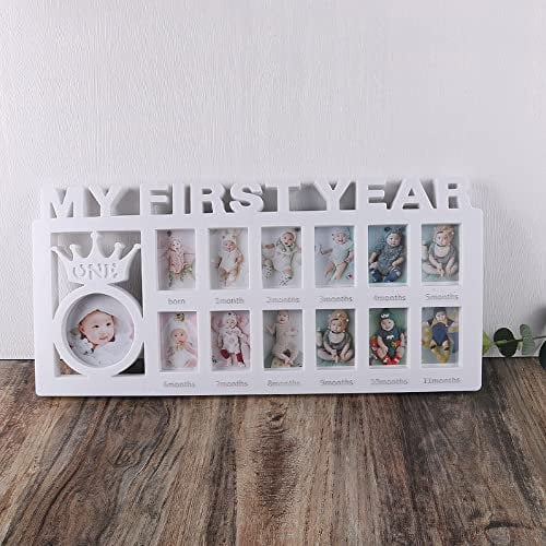 Ma première année Cadre photo pour bébé Cadres photo pour bébé Album Kit main et empreinte de Cadre souvenir 1-12 mois Kit d'affichage multi-photos Cadeau pour les nouvelles mamans et papa