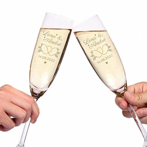 4YOU | 2er Set Sektgläser mit Gravur – personalisiert mit Namen & Datum – individuelle Leonardo Gläser als Geschenk zur Hochzeit, Verlobung und Jahrestag für Frauen und Männer (Motiv: Herzen)