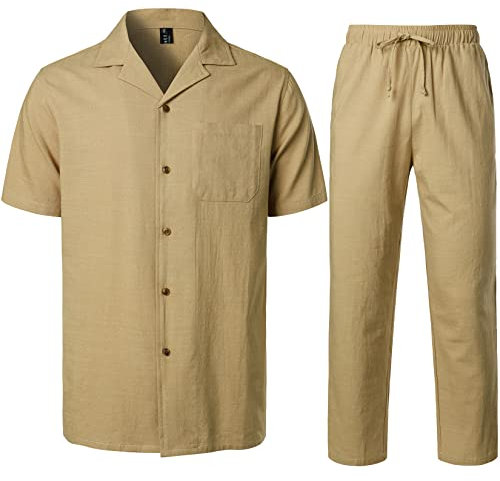 LucMatton Men's 2 Piece Linen Outfits Casual Short Sleeve Cuban Guayabera Shirt and Pants Sets Summer Beach Vacation Walking Suit Khaki Large