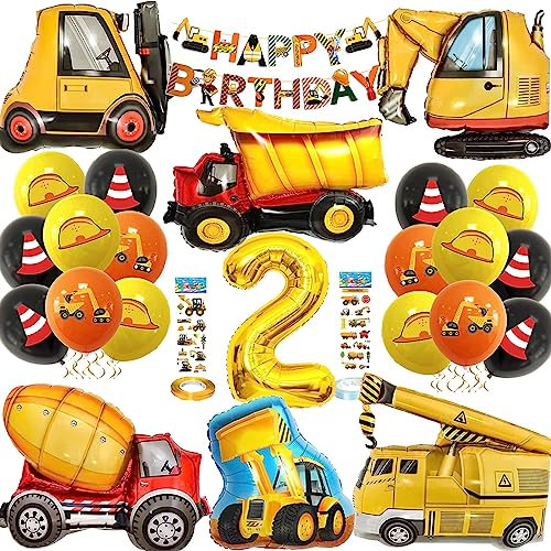 NAOLIU Bagger Geburtstag Deko 2 Jahre, Bagger Luftballon 2. Geburtstag Junge, Luftballon Bagger Kinder 2 Jahre, Bagger Deko Kindergeburtstag 2 mit Tortendeko Baustelle…