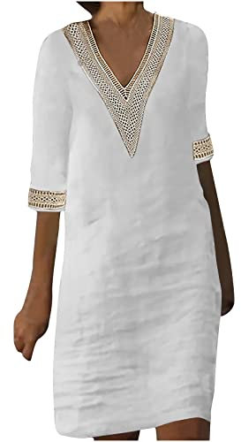 AMhomely Dresses for Women UK Solid Short Sleeve Party Dress Crochet Lace Cotton Linen Dress Elegant Party Casual Dress Summer Plain Lace V Neck Wrap Dress Ladies Plus Size Holiday Dress White XL