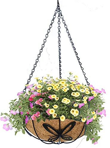 Metall-Pflanzkorb, hängender Pflanzkorb aus Metall mit Kokos-Kokosfaser-Einsatz, Schwarze Kettentöpfe, Aufhänger für drinnen und draußen, Blumentopf für Veranda, Gartendekorationen (25,4 cm)