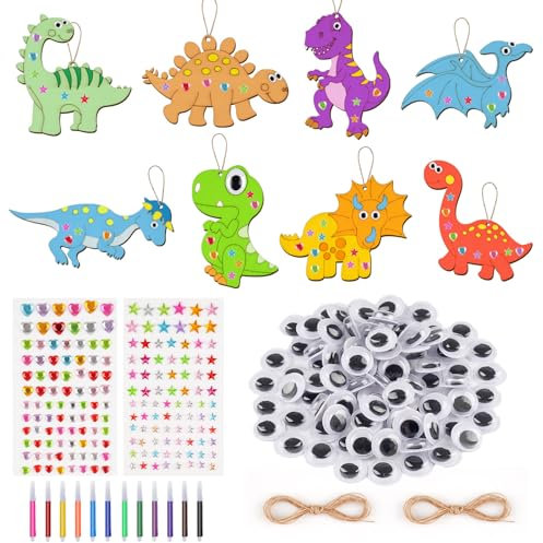 Dino Bastelset - 71 Stück Holz Basteln für Kinder, 24 Holz Dinos mit Aquarellstift, Auge, Hanfseil, Aufkleber - Kindergeburtstag DIY Handwerk, Kreative Spielzeug, Geschenke