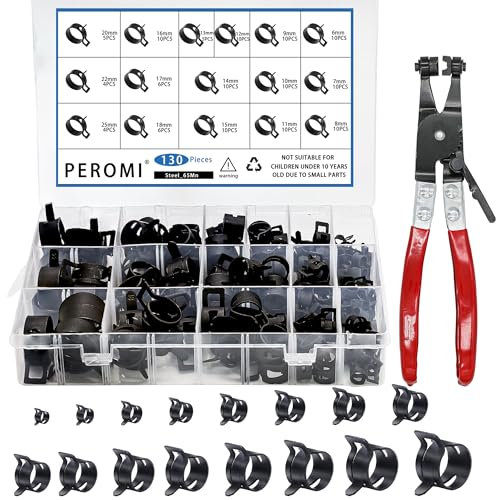 PEROMI Lot de 130 colliers de serrage à ressort de 6 à 25 mm avec pince plate pivotante - Assortiment de pinces à ressort - Type de bande à ressort - Tuyau de carburant en silicone - Collier de
