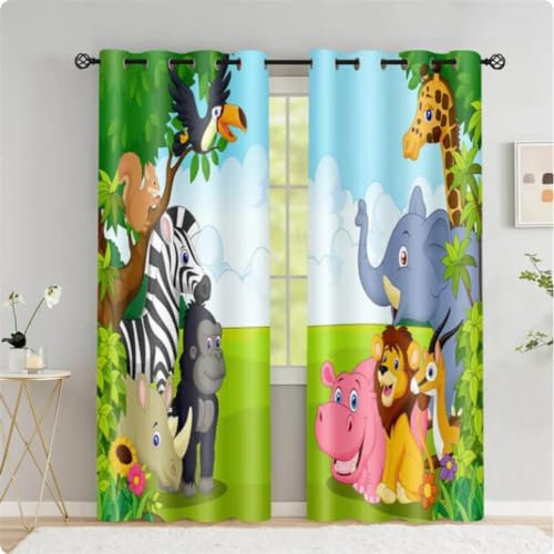 IMASHI Kinder Vorhänge Safari Tiere Vorhänge Karikatur Dschungelwald Druck Vorhänge Ösen Vorhänge für Wohnzimmer 140x160cm