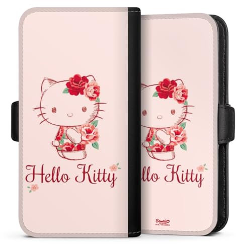 DeinDesign Flip Case kompatibel mit Apple iPhone 13 Handyhülle aus Kunst Leder schwarz Klapphülle Hanami Hello Kitty Blume