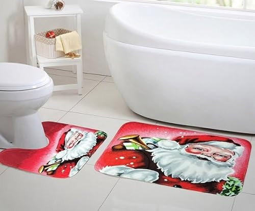 London Dream 2 Piece Christmas Festive Memory Foam Bath Mat and Pedestal Set, Non-slip Soft Super Absorbent Bathroom Rugs (Smiling Santa)