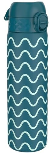 Ion8 Gourde Isotherme Inox, 500ml, Anti-Fuite, Facile à Ouvrir, Verrouillage Sécurisé, Lavable au Lave-Vaisselle, Poignée de Transport, Facile à Nettoyer, Acier Inoxydable, Motif Vagues