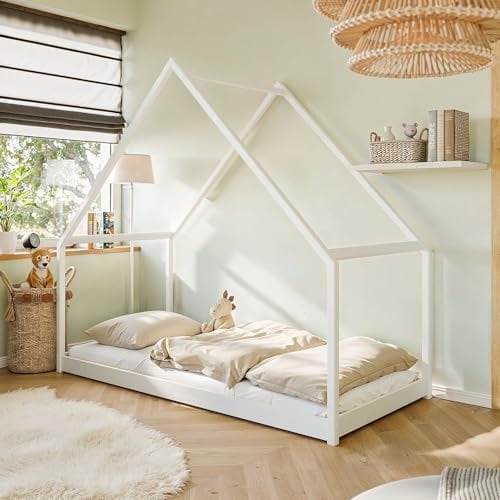 Lomadox Kinderzimmer Einzelbett Kinderbett Hausbett 80x180 cm Kiefer weiß