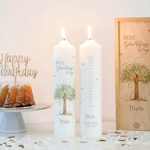 Geburtstagskerze Lebensbaum grün, Geburtskerze personalisiert, Geburtstagskerze mit Geburtstagsskala, 1.-18. Geburtstag, Geschenk zum Geburtstag, Kerze Geburtstag, Lebenskerze