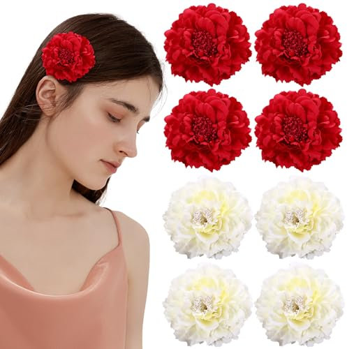 VEGCOO 8Pcs Clips de Pelo de Flor Flamenca para Mujer, Pinza y Horquillas de Peonía y Rosa, Adorno Tocado para Boda Fiesta (Rojo/Blanco)