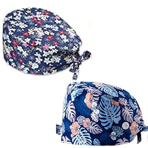 2 Pieces Adjustable Work Caps, Surgical Cap Fabric, Cotton Nurse Cap with Buttons, Scrubbing Cap with Sweatband for Women and Men, Personal Care Needs