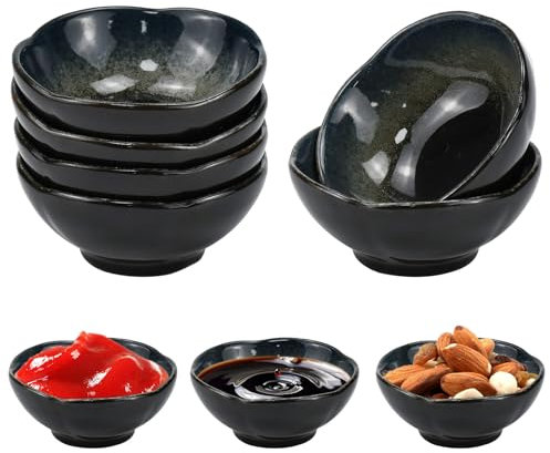HEKOBAG Cuencos Aperitivos Ceramica Juego de 6, Cuenco Redondo Negro para Aperitivos, Plato de Inmersión de Soja de Cerámica, Mini Cuenco de Condimento, Vintage, Vidriado, para Salsa, Soja de Sushi