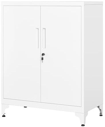 SONGMICS Aktenschrank, Mehrzweckschrank, Büroschrank mit 2 Türen, Schrank abschließbar, Aufbewahrungsschrank aus Stahl, für Arbeitszimmer, Wohnzimmer, mattweiß OMC013W01