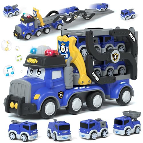 Lehoo Castle Voiture de Police avec Lumière et Son, Voiture Jouet à Partir de 3 Ans, Jouet de Transport de Camion avec Lumière et Musique, Cadeau pour Enfants Garçons