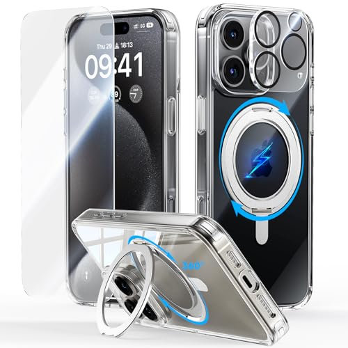 JUESHITUO for iPhone 16 Pro Case: [Non-Yellowing] 360° Spin Magnetic Stand, Full Camera Protection, Fit for MagSafe, Military Grade Shockproof Protective Phone Cover with Kickstand Ring Holder, Clear