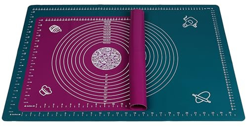 Belmalia 2x Backmatte Silikon, 2 Größen Antihaft Backunterlage: 51x71 cm + 40x50 cm, XL Teigmatte mit Maßen, Petrol Lila