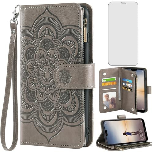 Asuwish Funda para Huawei P20 Lite con Cristal Templado Protector Pantalla Vidrio Pelicula Protectora Libro Cuero Piel Tarjetero Hawaii P 20 P20lite 20P ANE-LX1 Nova 3E Tapa Carcasa Capa Case Gris