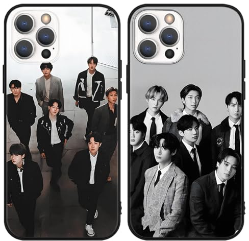 nurkorki 2 Stück Kpop Sänger Handyhülle für iPhone 15 Hülle 6,1,Jimin Jin V J-Hope JUNG KOOK SUGA RM Muster Design Cartoon Cover Schutzhülle für Mädchen,Fans,Schwarz Silikon Stoßfest Case,Cute
